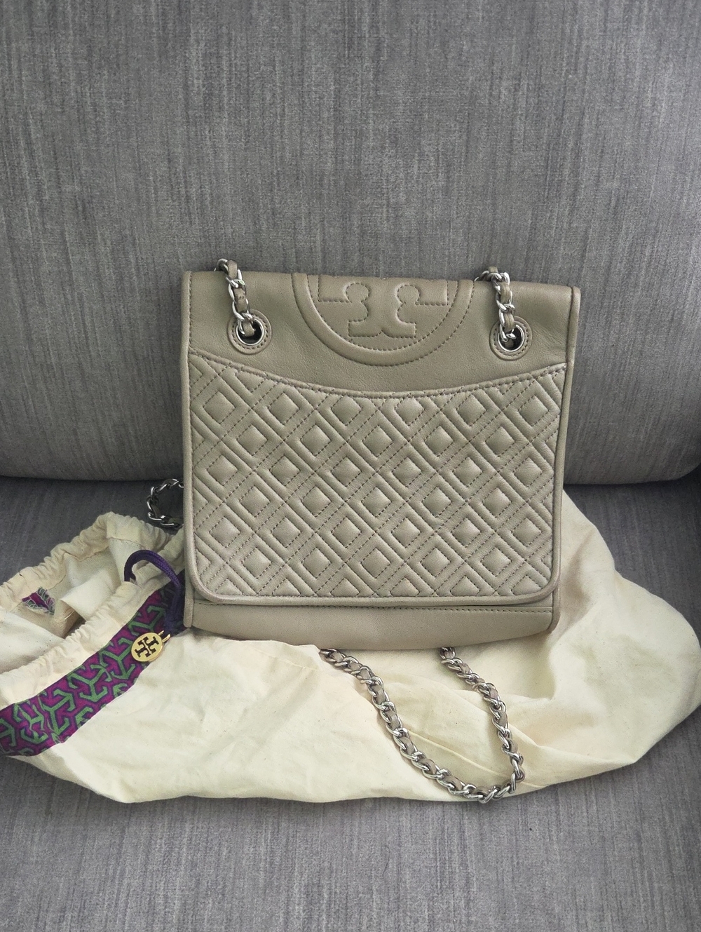 Tory Burch Quilted Taupe Leather Chain Shoulder Bag with Silver Hardware